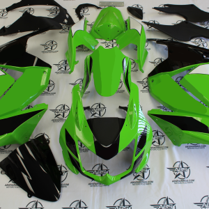 Green motorcycle fairing kit on display
