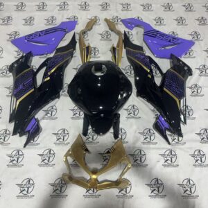 Custom motorcycle fairing parts on display.